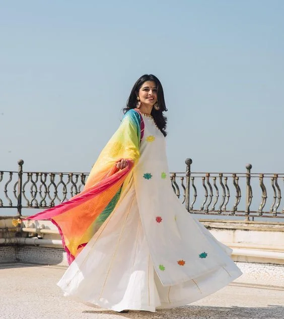 Classic White Kurta with Colorful Dupatta